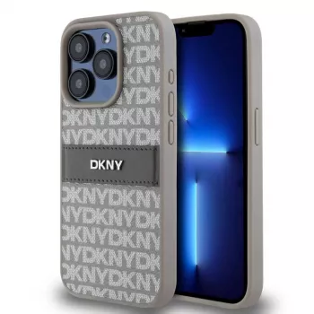 DKNY PU kožené puzdro Repeat Pattern Tonal Stripe pre iPhone 15 Pro béžová