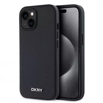 DKNY PU kožené puzdro Silver Metal Logo Magsafe pre iPhone 15 čierna