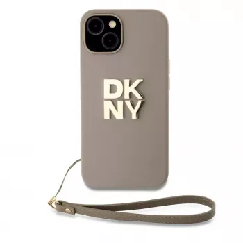 DKNY Apple DKNY PU kožené puzdro Stack Logo s pútkom na zápästie pre iPhone 15 béžové