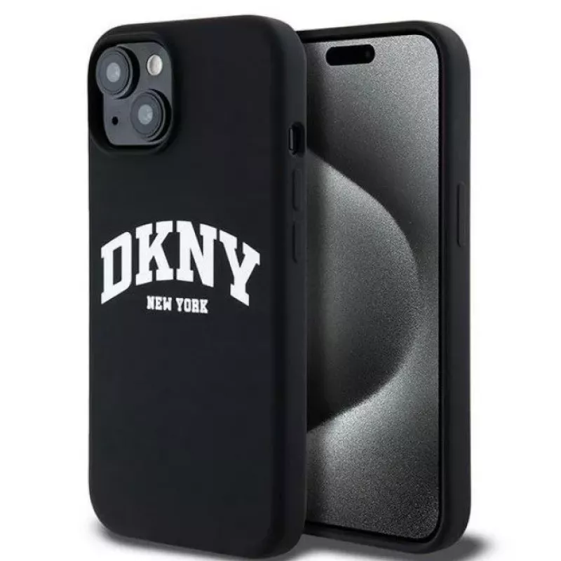 DKNY Apple iPhone 15 Hardcase Liquid Silicone White Printed Logo MagSafe čierna