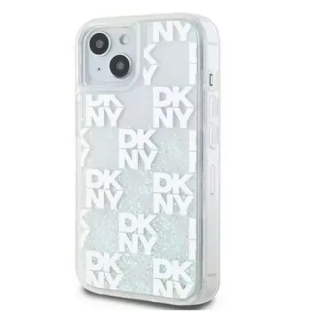 DKNY Apple iPhone 15 pevné puzdro Liquid Glitter Multilogo biele