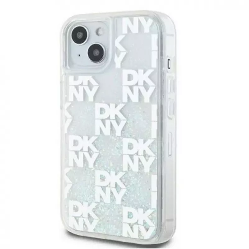 DKNY Apple iPhone 15 pevné puzdro Liquid Glitter Multilogo biele