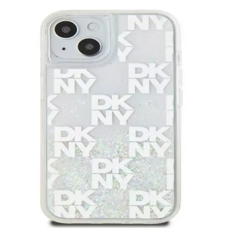 DKNY Apple iPhone 15 pevné puzdro Liquid Glitter Multilogo biele