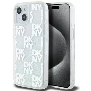 DKNY Apple iPhone 15 pevné puzdro Liquid Glitter Multilogo biele