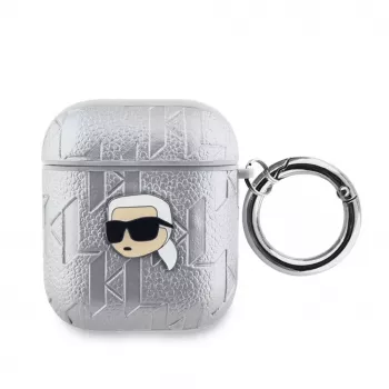 Karl Lagerfeld PU embosované puzdro Karl Head pre AirPods 1/2 strieborné