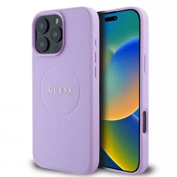 Guess PU zrnité puzdro Classic Logo MagSafe pre iPhone 16 Pro Max fialové