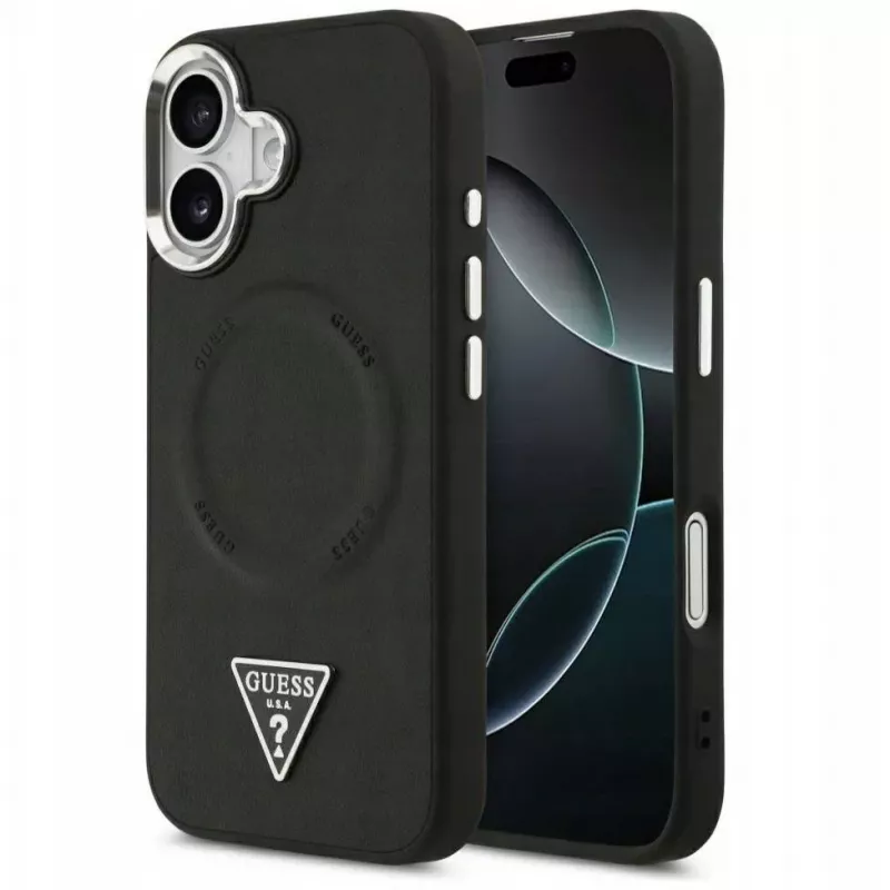 Guess Apple iPhone 17 PU kožené puzdro Triangle Logo MagSafe čierne