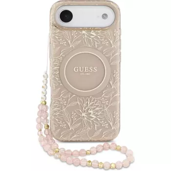 Guess Apple iPhone 17 Air silikónové puzdro s MagSafe Flowers Allover s perlovým remienkom ružové