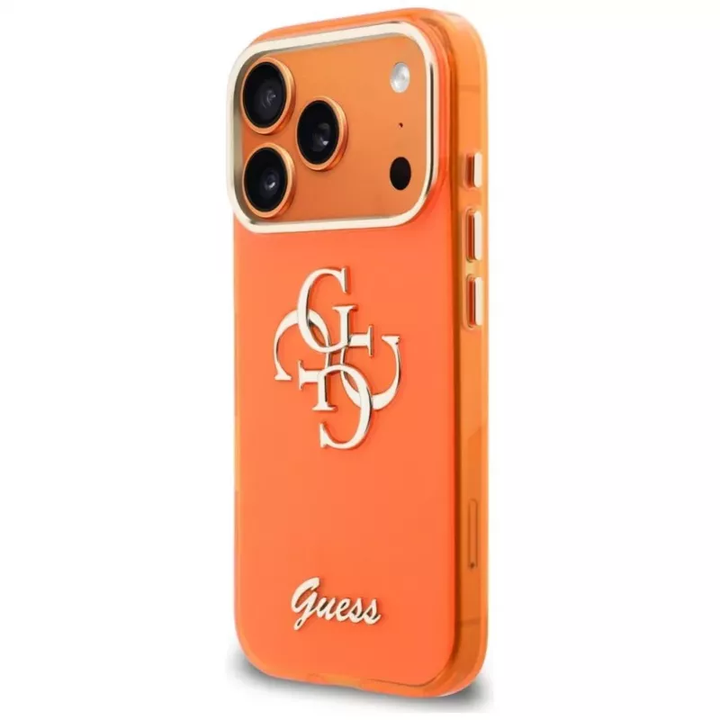 Guess IML 4G Script Metal Puzdro pre iPhone 17 Pro, oranžové