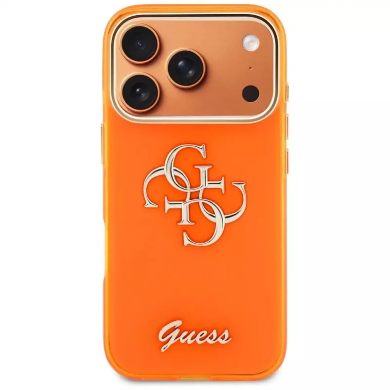 Guess IML 4G Script Metal Puzdro pre iPhone 17 Pro, oranžové