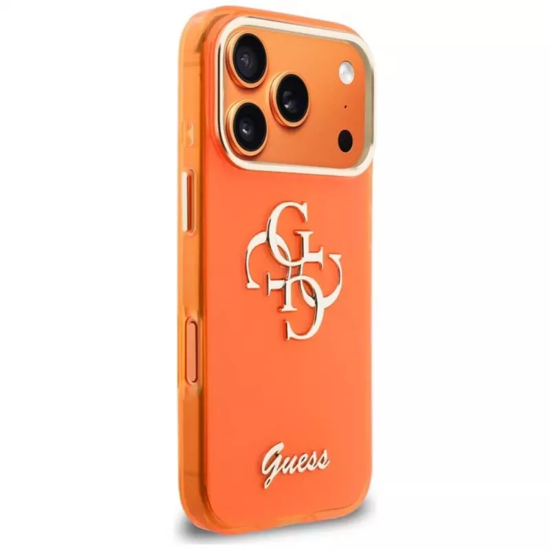 Guess IML 4G Script Metal Puzdro pre iPhone 17 Pro, oranžové
