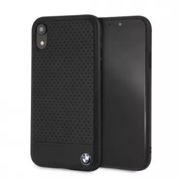 BMW Apple iPhone XR perforované kožené tvrdé puzdro čierna