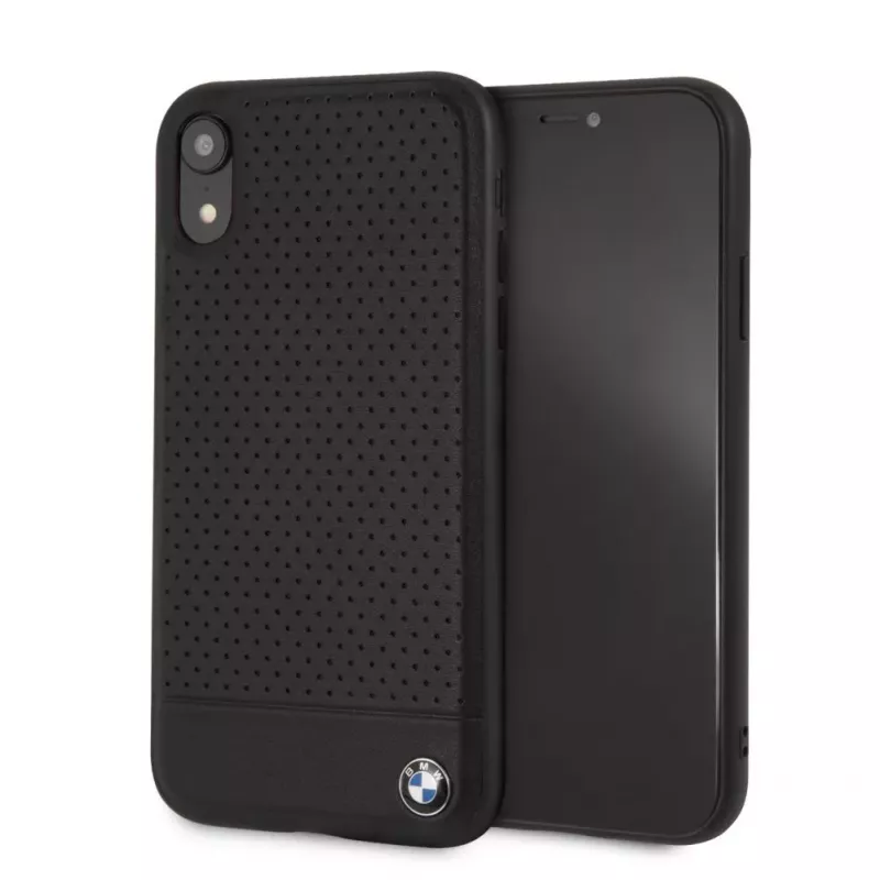 BMW Apple iPhone XR perforované kožené tvrdé puzdro čierna