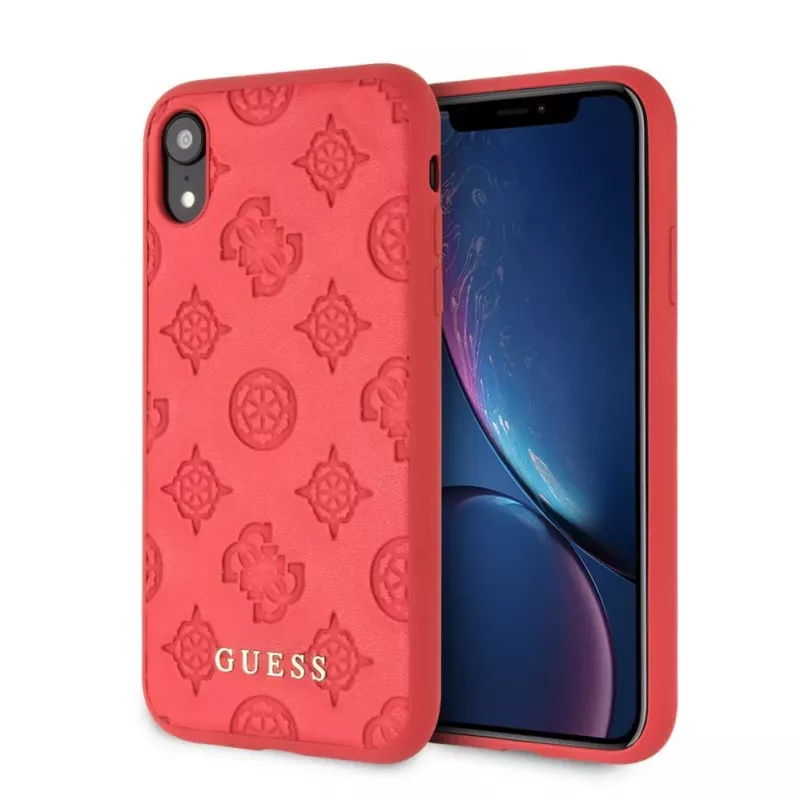 Guess Apple iPhone XR Debossed PU kožené tvrdé puzdro pivóniová červená