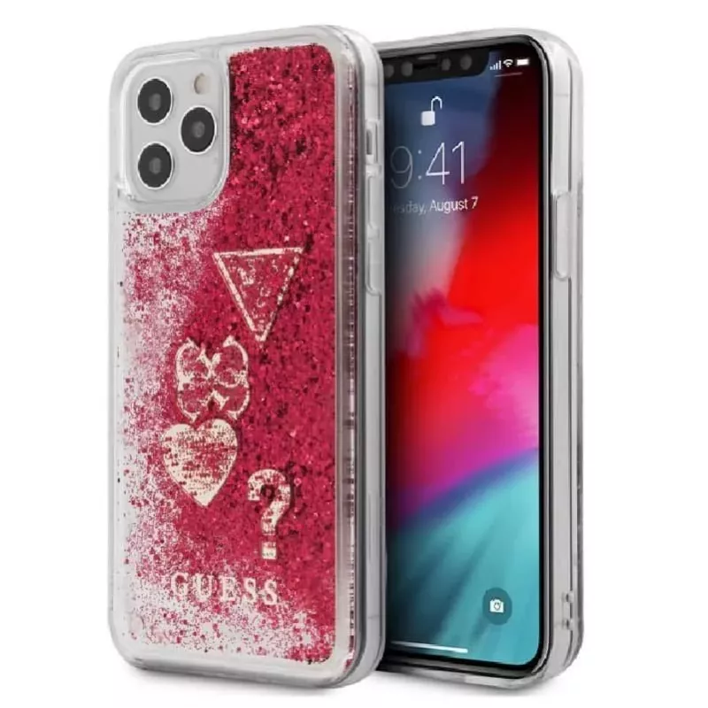 Guess iPhone 12 mini 5,4 palca Liquid Glitter Charms kryt malinová