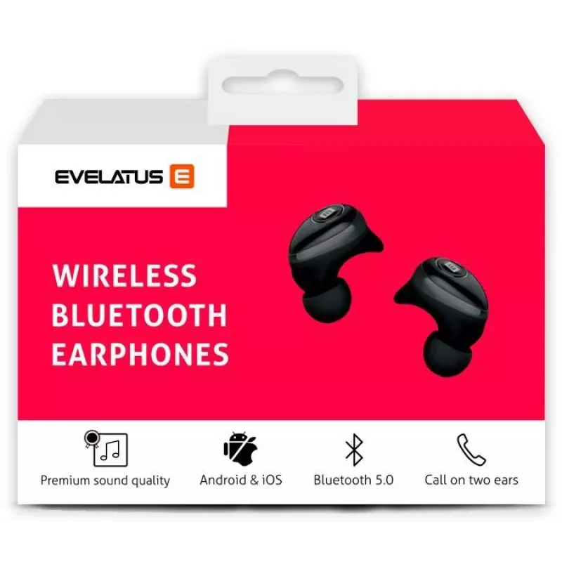EVELATUS EBE01BK True Wireless Stereo In-Ear Bluetooth 5.0 slúchadlá s nabíjacím puzdrom, IPX4, čierne