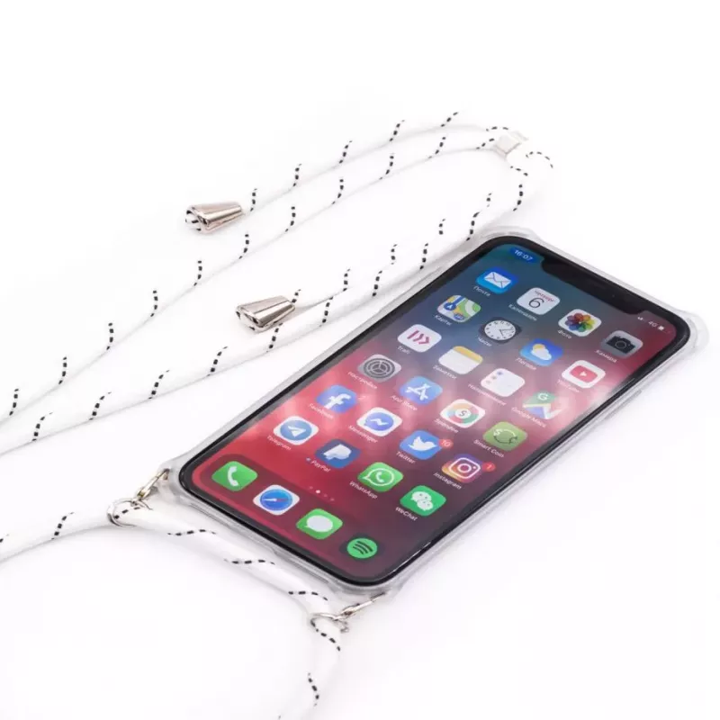 Evelatus Apple iPhone XR puzdro so šnúrkou biele pruhy transparentné
