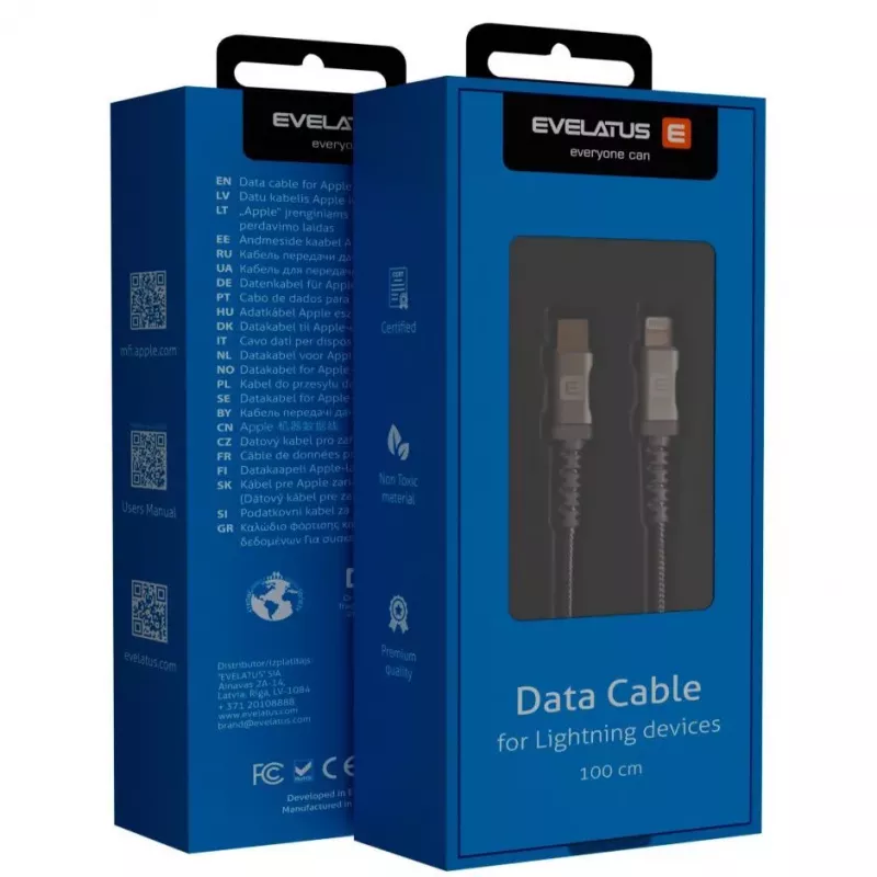 Evelatus Apple USB-C na Lightning dátový kábel (rýchle nabíjanie) 1m MFI08 sivý
