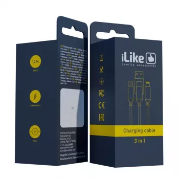 iLike nabíjací kábel 3 v 1, USB-A na USB-C/Lightning/Micro USB, nylonový pletený, 1,2 m, čierny