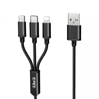 iLike nabíjací kábel 3 v 1, USB-A na USB-C/Lightning/Micro USB, nylonový pletený, 1,2 m, čierny