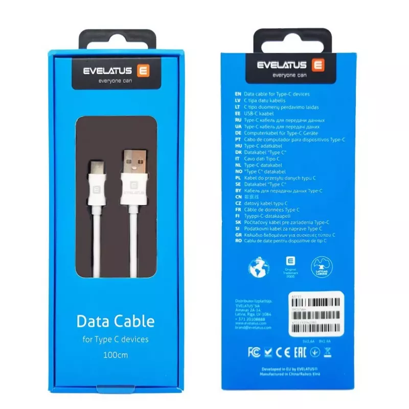 Evelatus dátový kábel pre zariadenia Type-C, TPC07 biely - USB-A na USB-C, 1,2 m, nabíjanie 15 W, synchronizácia dát