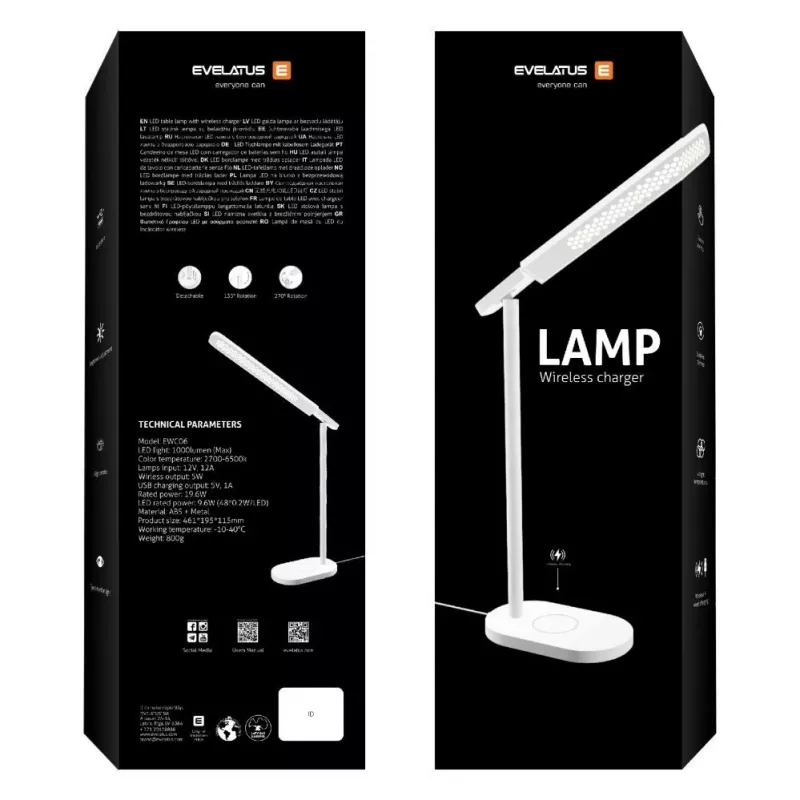 Evelatus stolná lampa s bezdrôtovou nabíjačkou EWC07 biela