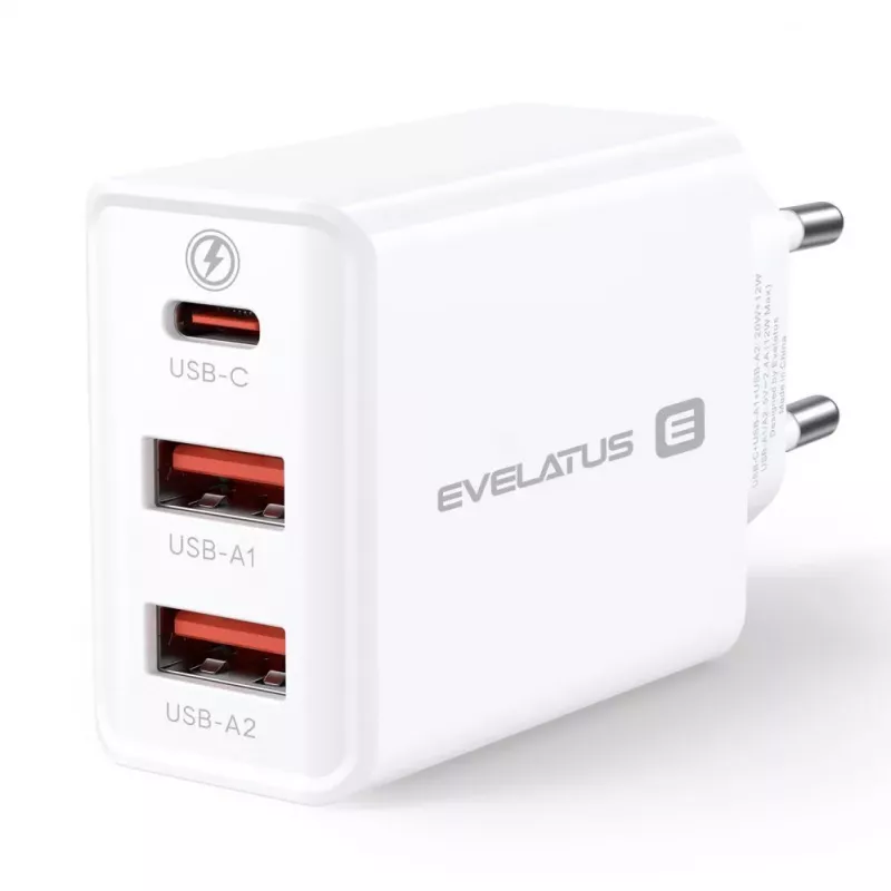 Evelatus ETC06 cestovná nabíjačka EU nástenná 3 porty 32W USB-C / USB-A2 biela