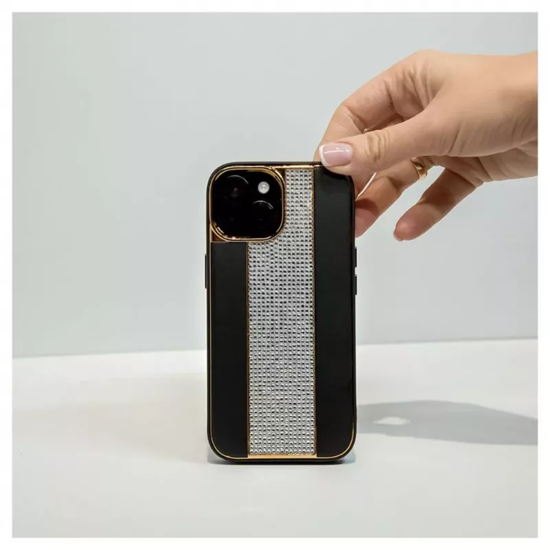 iLike Apple iPhone 15 diamantové a kožené puzdro čierna