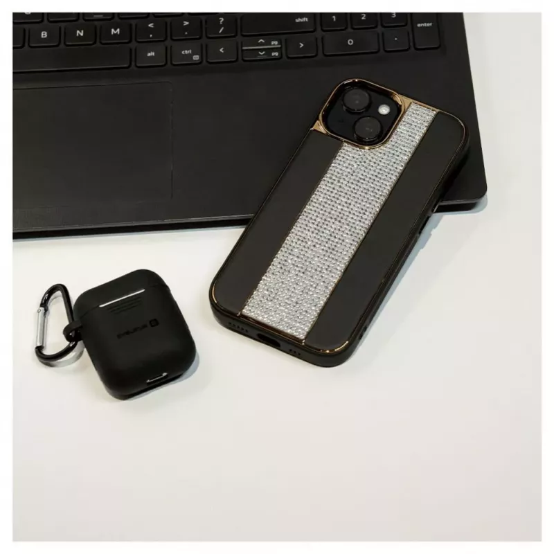 iLike Apple iPhone 15 diamantové a kožené puzdro čierna