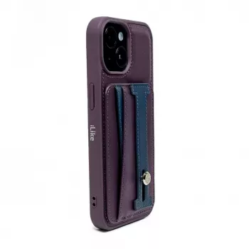 iLike Apple iPhone 15 Pro kožené puzdro s vreckom a stojanom fialová