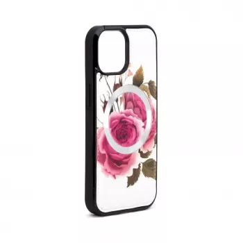 Evelatus Apple iPhone 15 kožené puzdro dizajn zipsu kvet biele