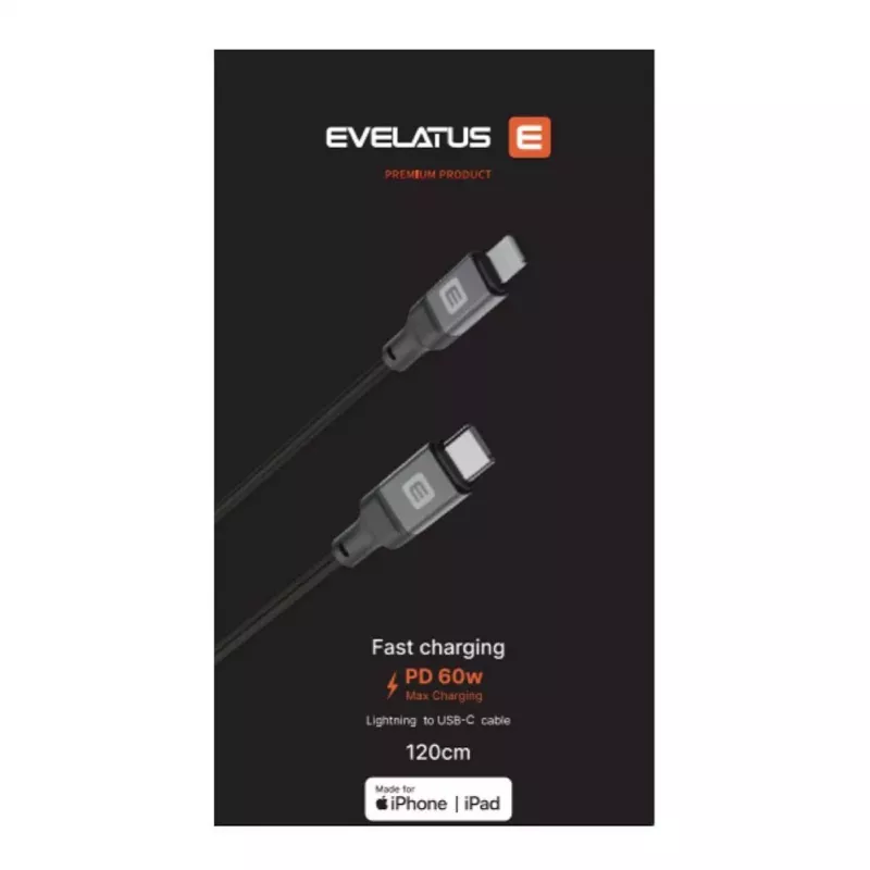 Evelatus USB-C na Lightning kábel 2,0M 60W (MFI09) hliníkové puzdro pletený biela
