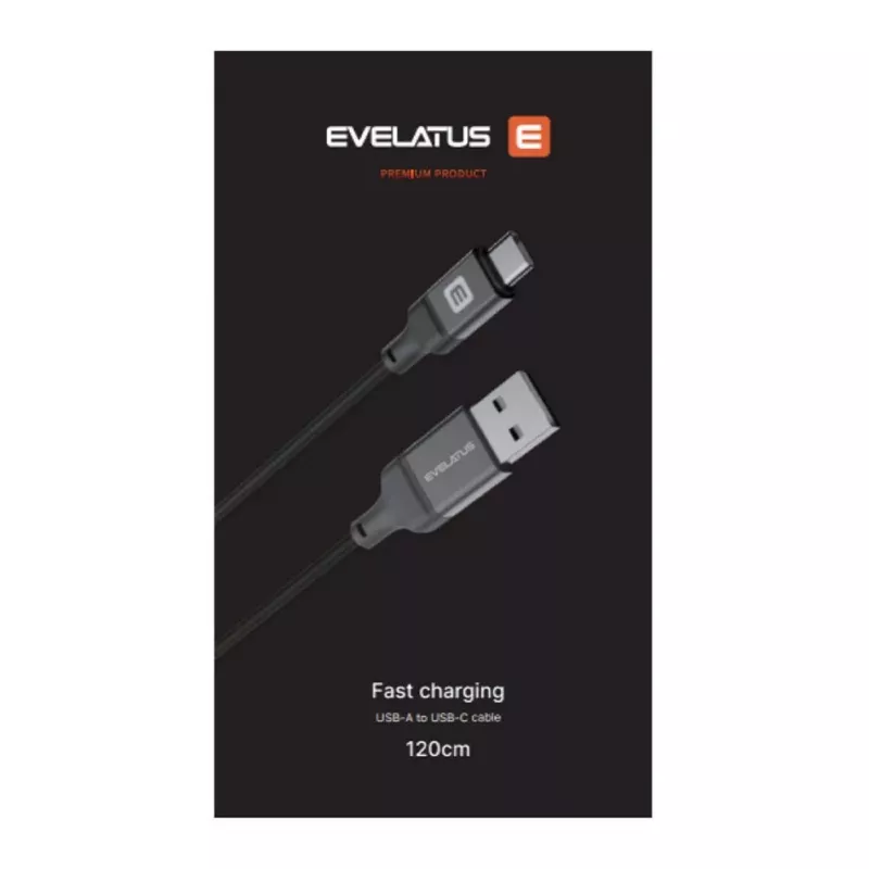 Evelatus USB-A na USB-C kábel 1,2 m opletený nylon čierny
