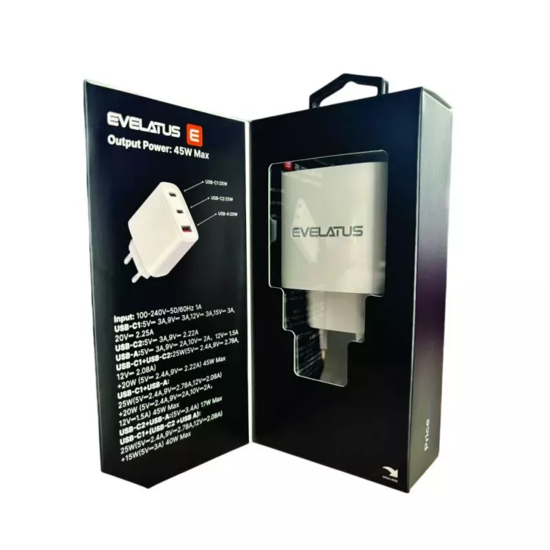 Evelatus 45W Max rýchla nabíjačka EU USB-C1/USB-C1/USB-A - RCE-4501ACCL biela
