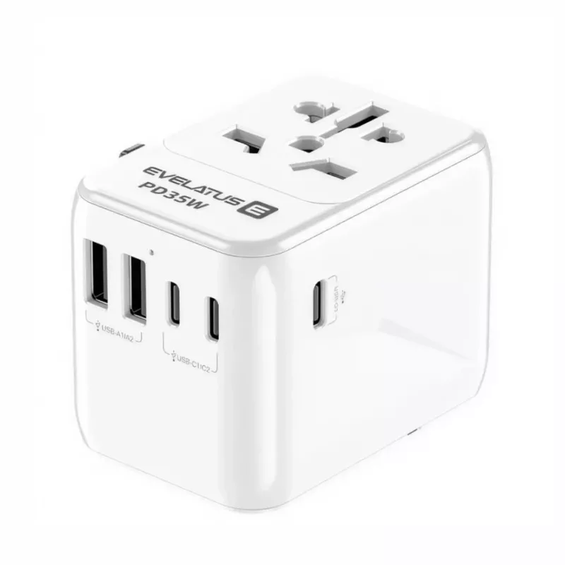 EVELATUS 35W svetový cestovný adaptér s 1 PD USB-C, 2 USB-C, 2 USB-A, biely