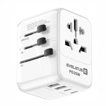 EVELATUS 35W svetový cestovný adaptér s 1 PD USB-C, 2 USB-C, 2 USB-A, biela