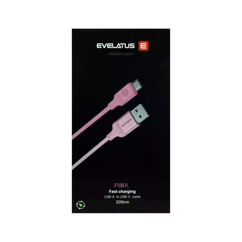 Evelatus kábel USB-A na USB-C 2M pletený nylon hliníkové puzdro ružový