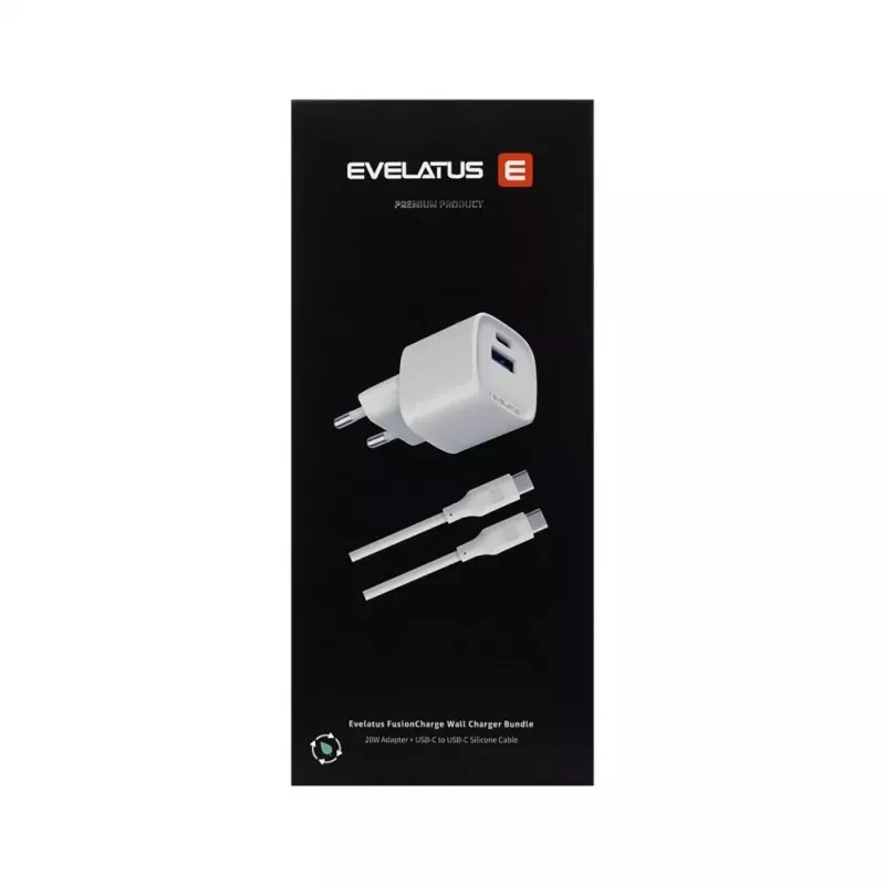 Evelatus FusionChage nástenná nabíjačka sada 20W napájací adaptér - 60W USB-C na USB-C silikónový kábel biela