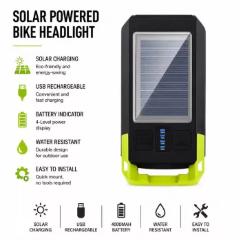 iLike solárne predné svetlo na bicykel s 120 dB klaksónom, nabíjanie cez USB, LED predné svetlo 1000LM, batéria 4000 mAh, núdzové výstražné svetlo