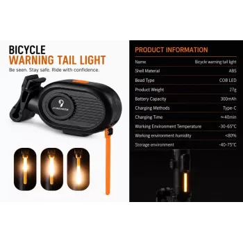 iLike JOWORSE nabíjateľné COB LED zadné svetlo na bicykel, USB-C zadné svetlo na bicykel, 300mAh vodotesné výstražné svetlo na bicykel