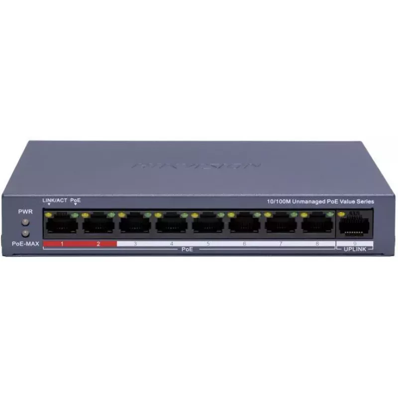 Hikvision DS-3E0109P-E/M(C) 9-portový Fast Ethernet PoE switch, 8 PoE portov, 65W budget, unmanaged