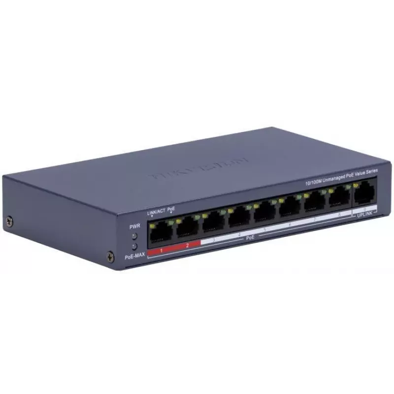 Hikvision DS-3E0109P-E/M(C) 9-portový Fast Ethernet PoE switch, 8 PoE portov, 65W budget, unmanaged