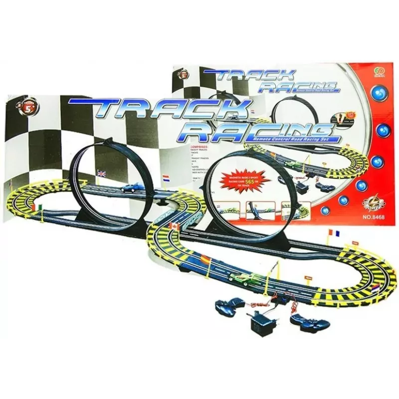 LEAN TOYS Autodráha s dvoma autami, slučkami a napájacím zdrojom, 565 cm