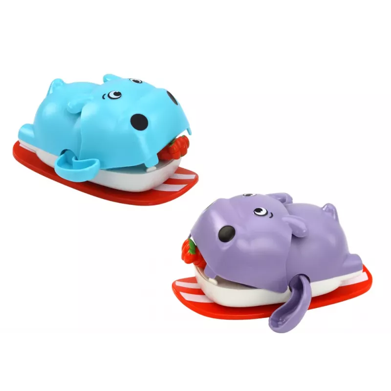 LEAN TOYS Naťahovacia kúpacia hračka Plávajúci hroch na doske