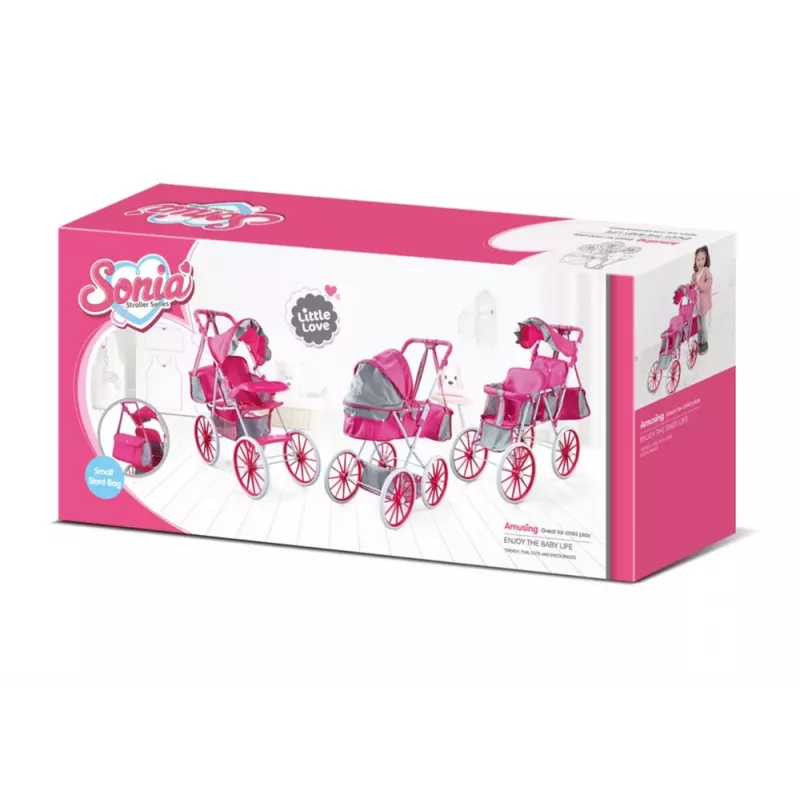 LEAN TOYS Kočík na bábiky kovový taška veľké kolesá ružový