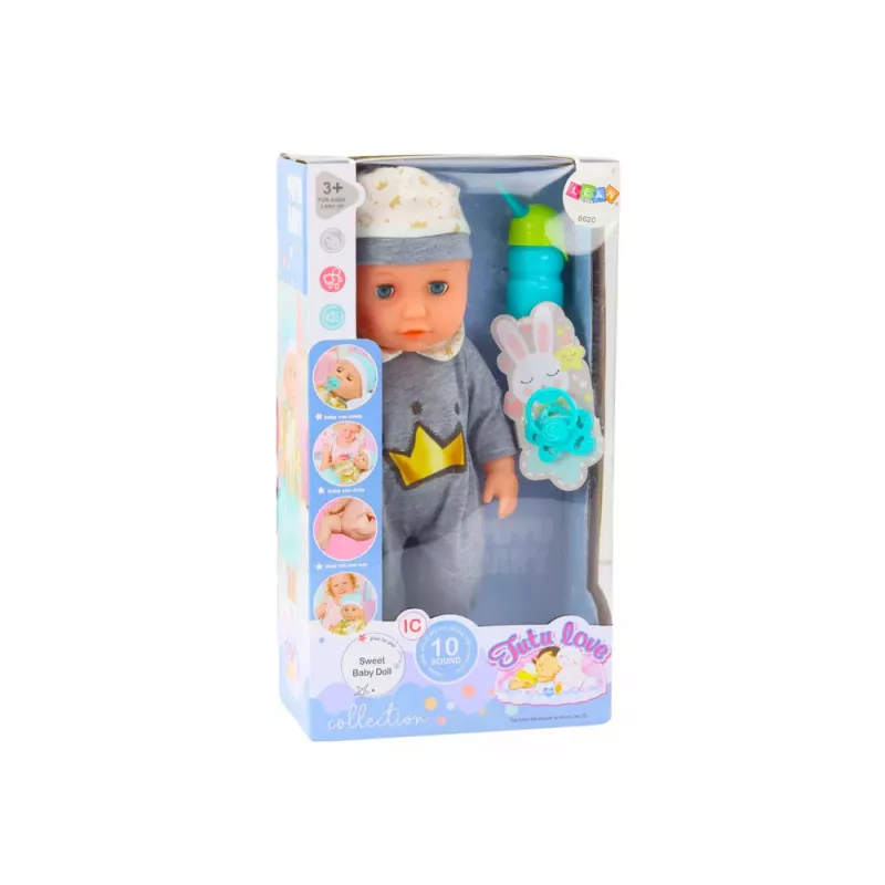 LEAN TOYS Bábika v sivom pyžame, s fľašou, cumlíkom a detskými zvukmi