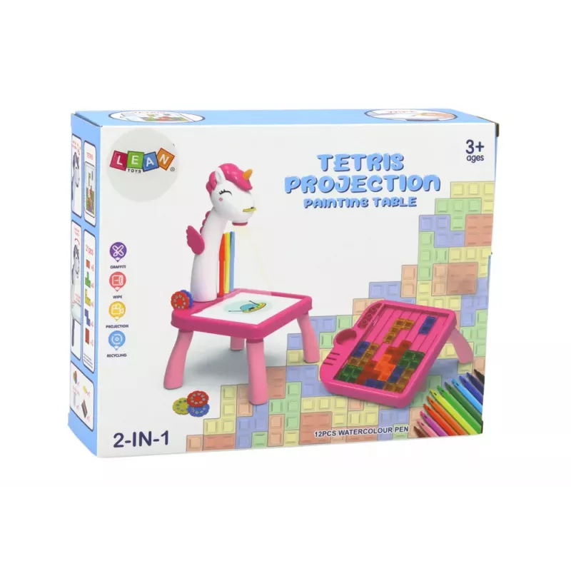 LEAN TOYS Mini projektor Tetris stôl 2v1 modrý jednorožec