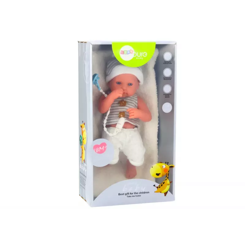 LEAN TOYS Bábika v bielom a sivom oblečení, s čiapkou, cumlíkom a dekou