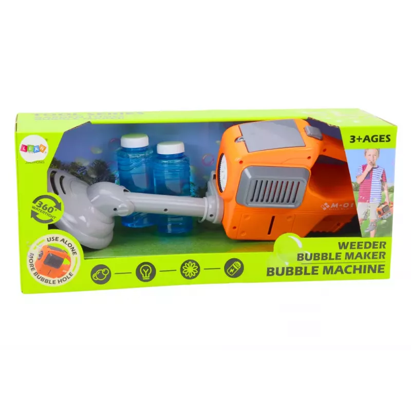 LEAN TOYS Stroj na bubliny kosačka strunová dva náplne oranžová