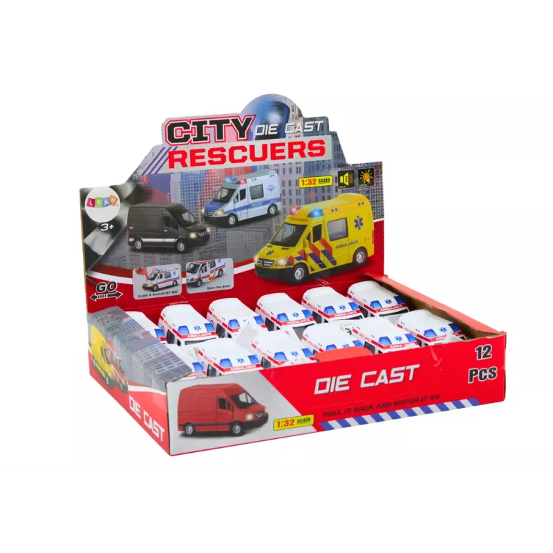 LEAN TOYS Sanitka 1:32 s otváracími dverami, svetlom, zvukom, pohon trením, biela